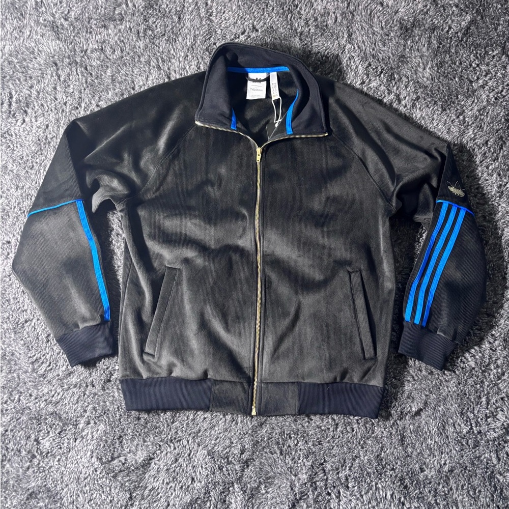 Adidas Black and Blue Bomber Jacket with Signature Stripes